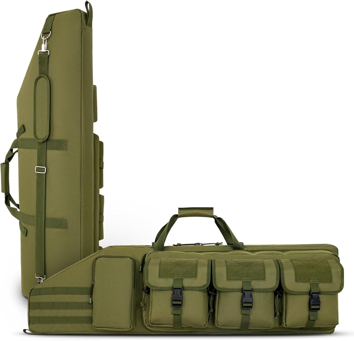 DULCE DOM Tactical Double Soft Gun Bag in Olive Green, with multiple pockets, shoulder strap, and padded handle.