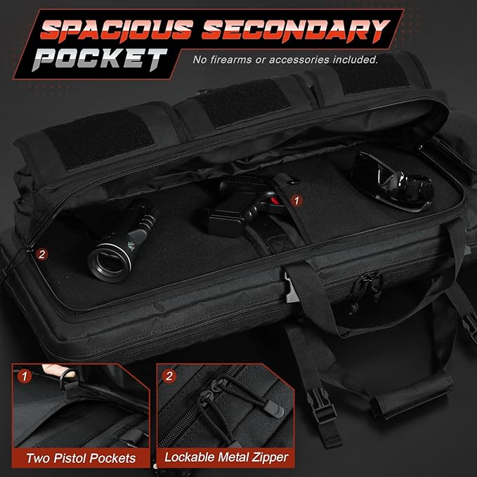 DULCE DOM Tactical Double Soft Gun Bag with spacious secondary pocket, lockable metal zipper, and two pistol pockets.