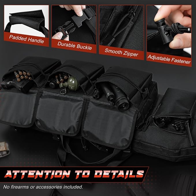DULCE DOM tactical gun bag details: padded handle, durable buckle, smooth zipper, adjustable fastener.