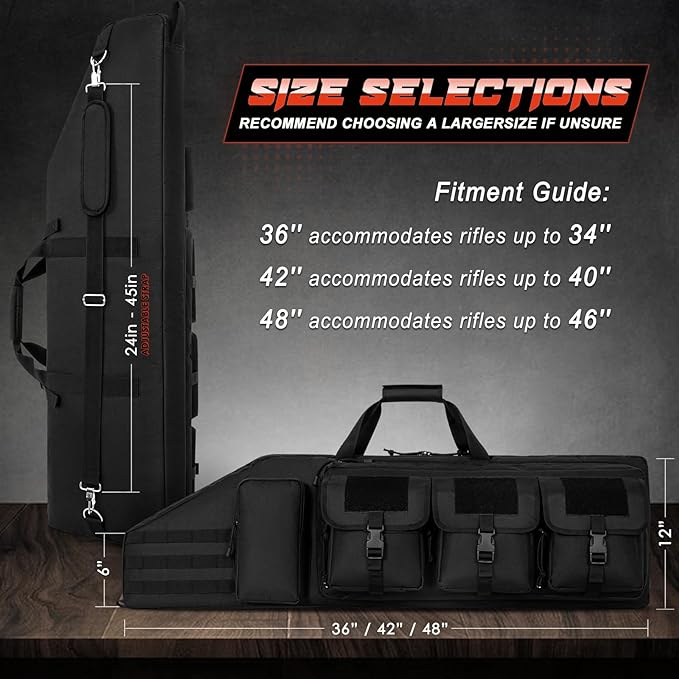 DULCE DOM Black Tactical Rifle Bag with Size Guide, adjustable strap, multiple pockets, 36/42/48 inch options.