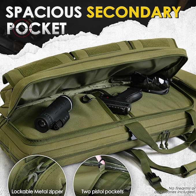 DULCE DOM tactical gun bag, olive green color with spacious secondary pocket, lockable metal zipper, two pistol pockets.