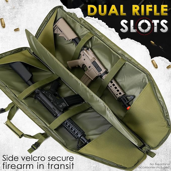 DULCE DOM tactical double rifle bag in olive green, holds two rifles safely with Velcro straps, dual slots design.