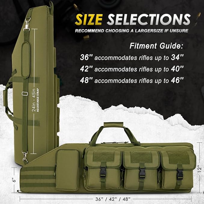 DULCE DOM Olive Green Tactical Rifle Bag Size Guide: 36", 42", 48" options. Accommodates rifles up to 46" long.
