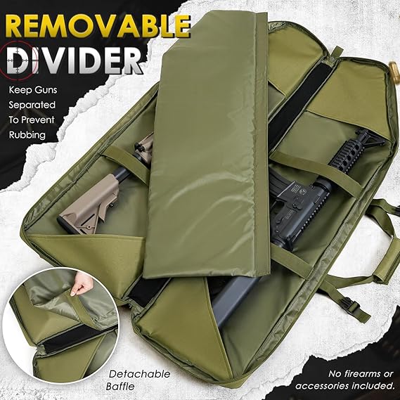 DULCE DOM olive green tactical rifle bag with removable divider, multiple pockets, prevents gun rubbing, detachable baffle.