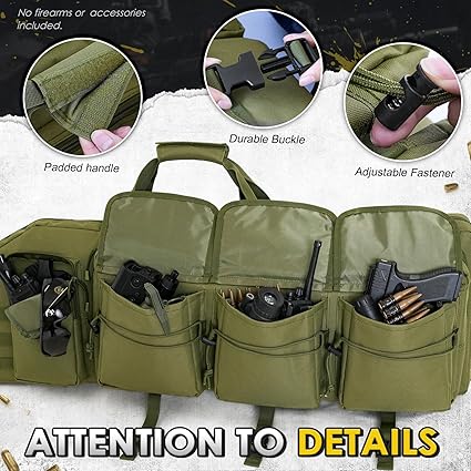 DULCE DOM tactical gun bag details: Padded handle, durable buckle, adjustable fastener, olive green. Attention to Details.