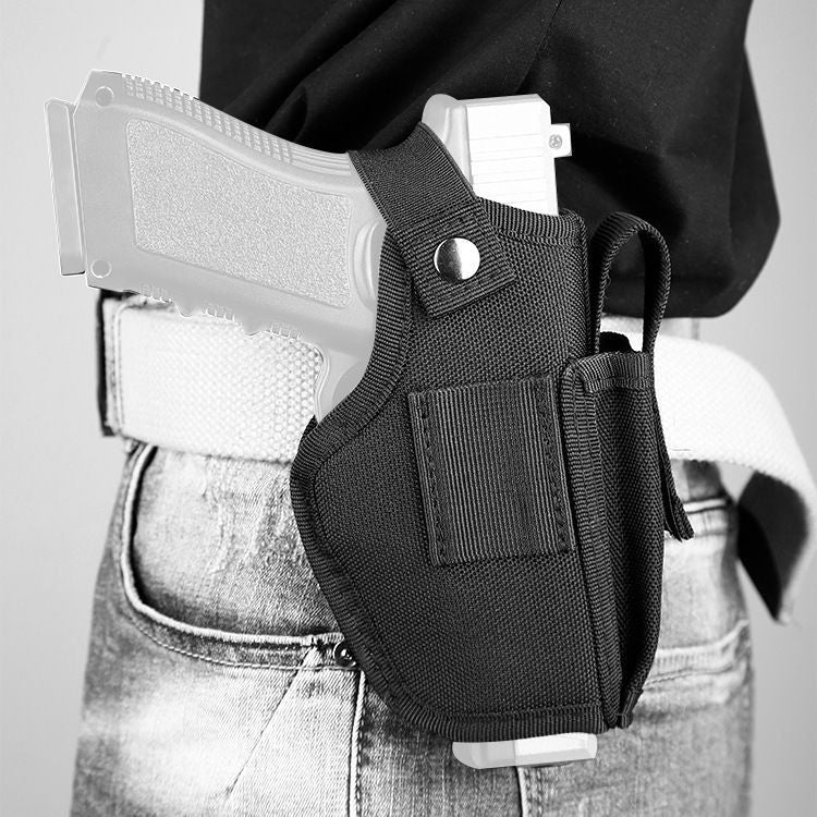 Black Ultra-Light Concealed Carry Holster on belt, featuring magazine pouch for quick access, IWB carry.