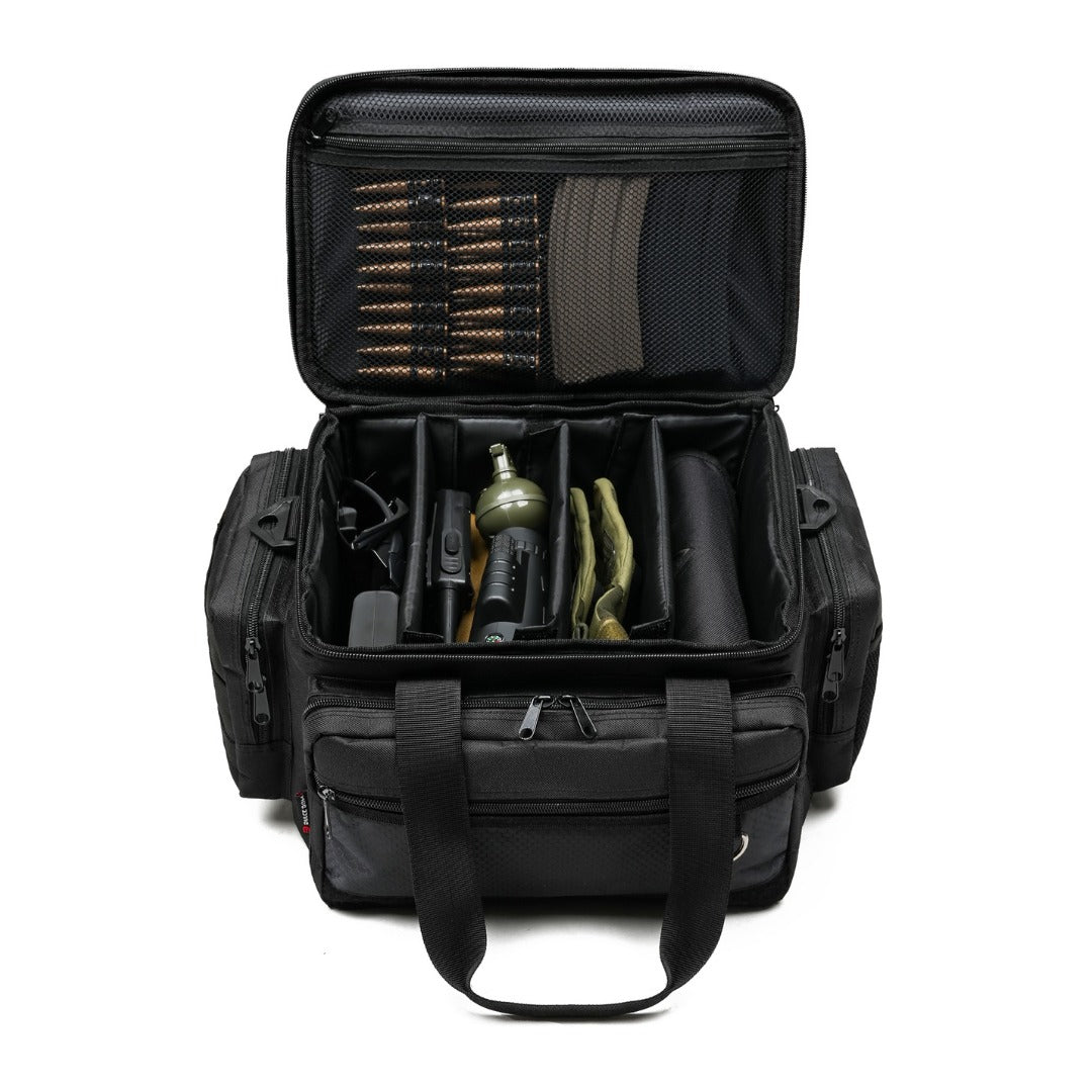Black tactical gun range bag open, revealing compartments for gear and ammunition