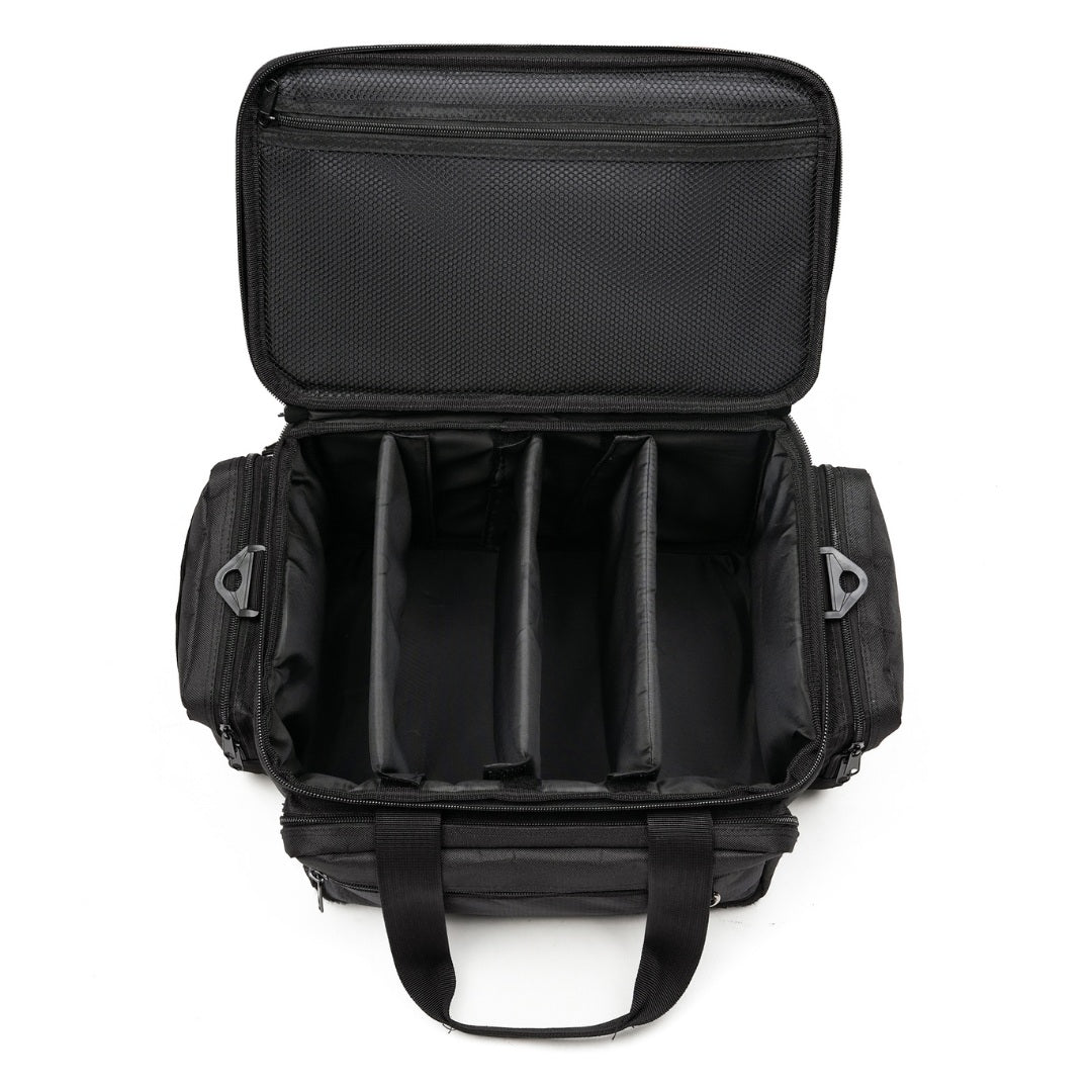 Open view of black tactical gun range bag with multiple compartments and dividers, showcasing its storage capacity.
