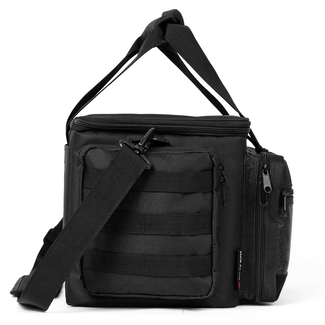 Black Dulce Dom Mini Range Bag with shoulder strap and multiple compartments, tactical gear bag.