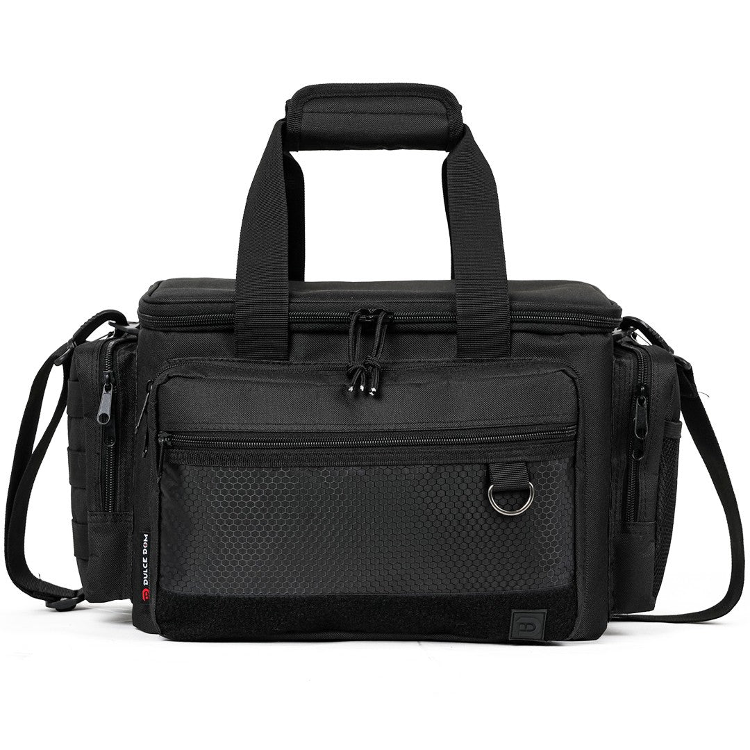 Black tactical gun range bag by Dulce Dom, featuring durable 600D Oxford fabric, multiple compartments, and shoulder strap.