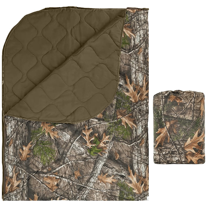 Camouflage blanket for outdoor use, lightweight and durable, with a forest camouflage pattern and carry bag.