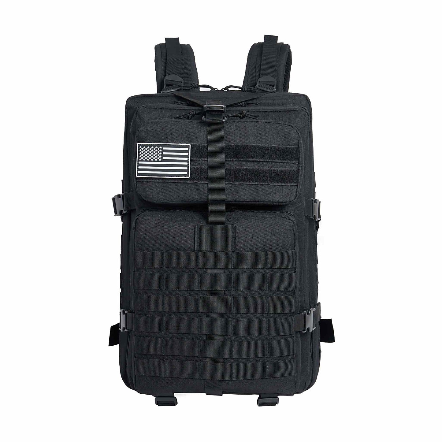 Black tactical backpack with American flag patch, MOLLE system, 900D nylon, ergonomic design, versatile storage.