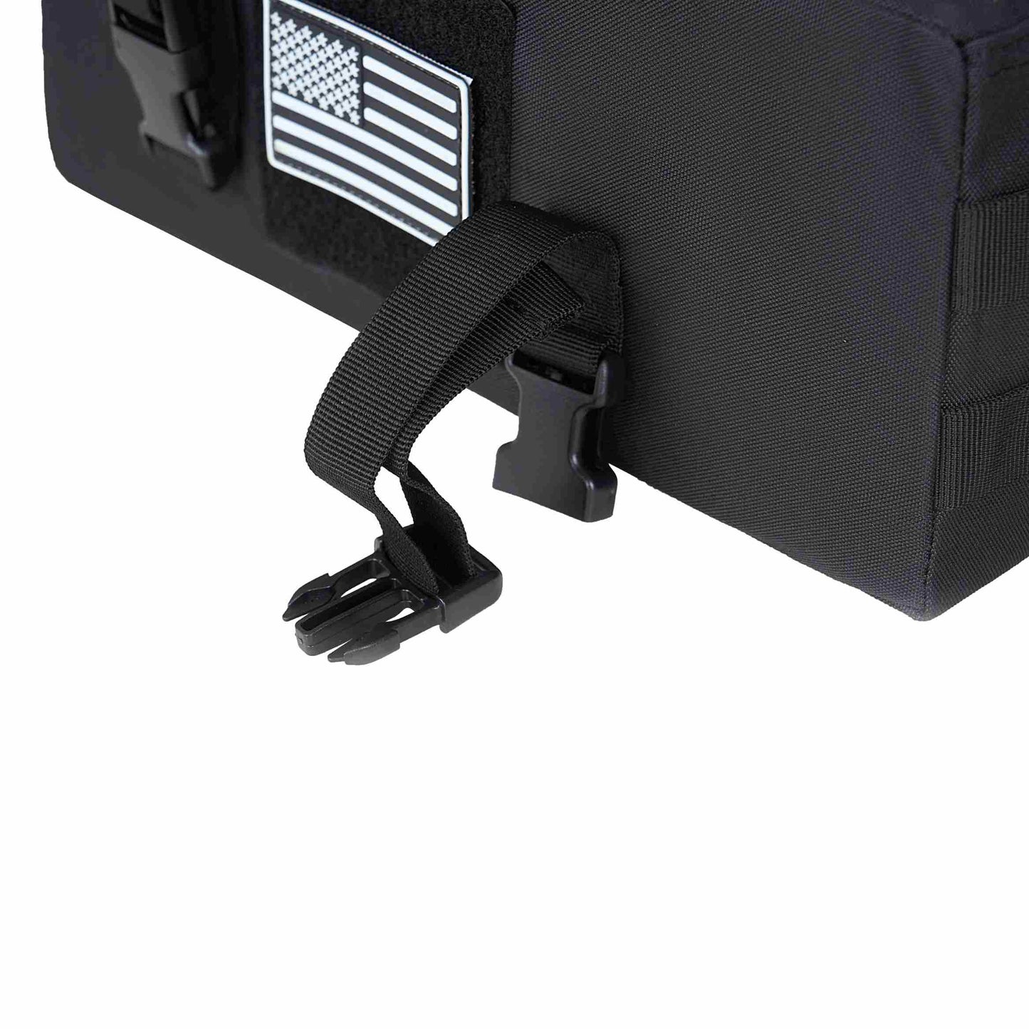 Black 3D Tactical Utility Pouch with American flag patch, showing buckle and strap details, Molle compatible accessory bag
