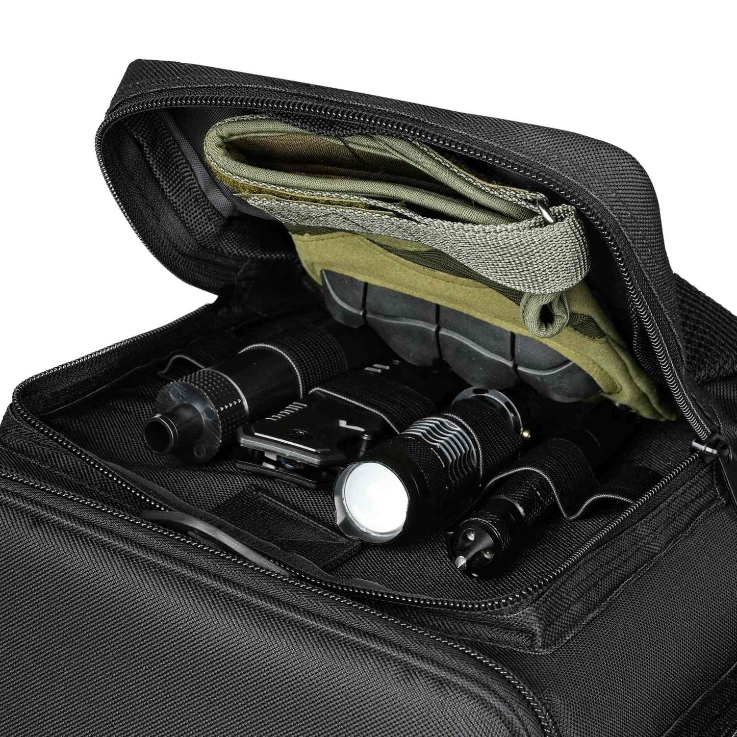 Black tactical gun range bag open, revealing compartments for gear and ammunition, includes flashlights and accessories.