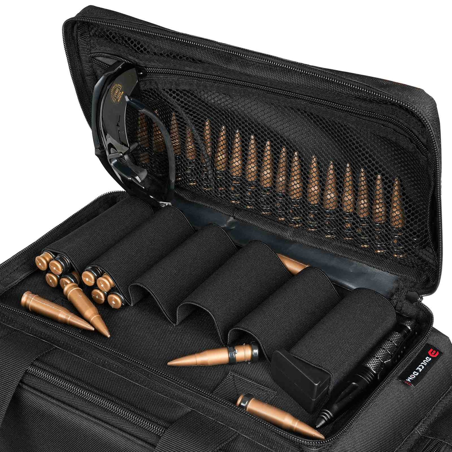 Dulce Dom tactical gun range bag open, with bullets, tactical glasses and storage compartments for gear.