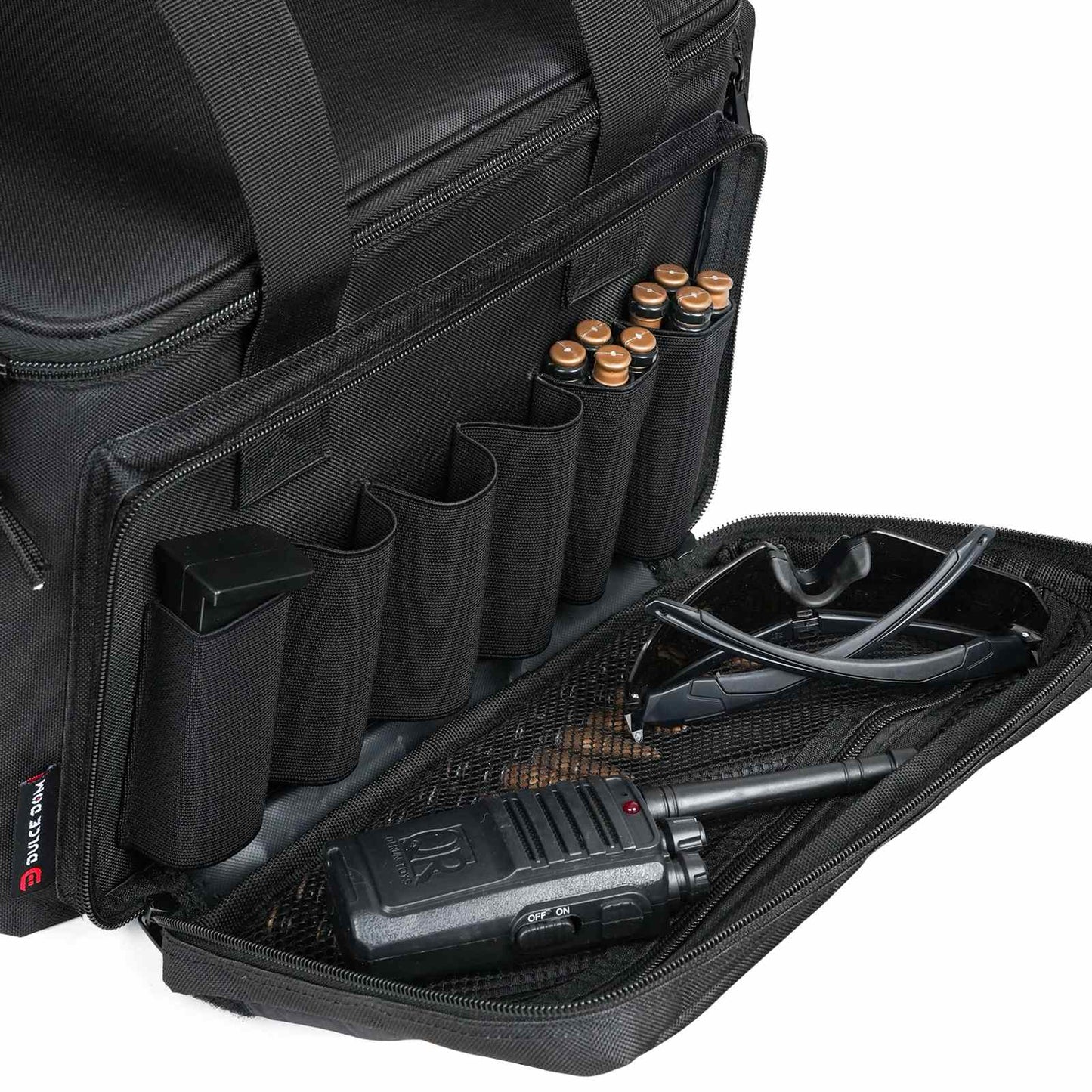 Black Dulce Dom Tactical Gun Range Bag with accessories, including ammunition, safety glasses, and a radio.