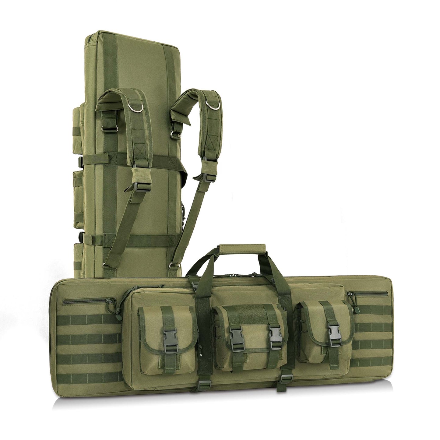 DULCE DOM green tactical long gun bag with MOLLE system and backpack straps for versatile carry.