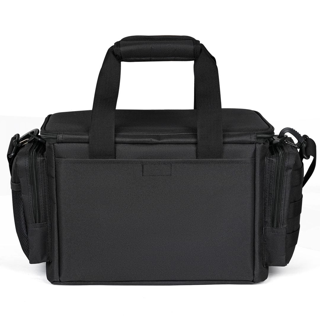 Black 600D Oxford tactical gun range bag with multiple compartments and MOLLE system for tactical gear.