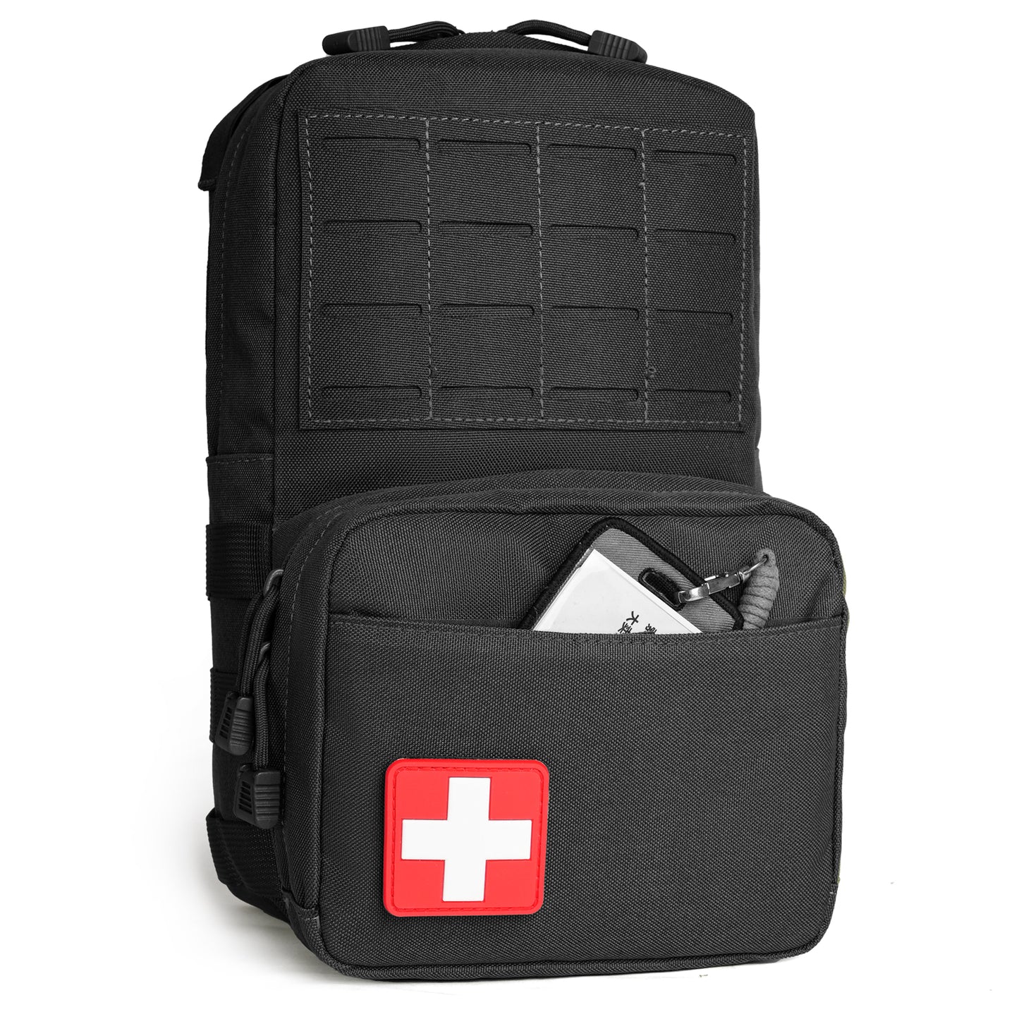 Black DULCE DOM Tactical Molle Hydration Backpack with red cross patch, durable 900D nylon for tactical use