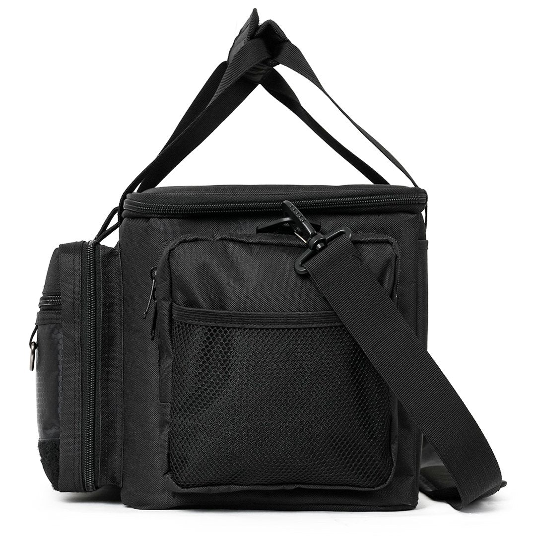 Black 600D Oxford tactical gun range bag with MOLLE system, multiple compartments, and shoulder strap for tactical gear.