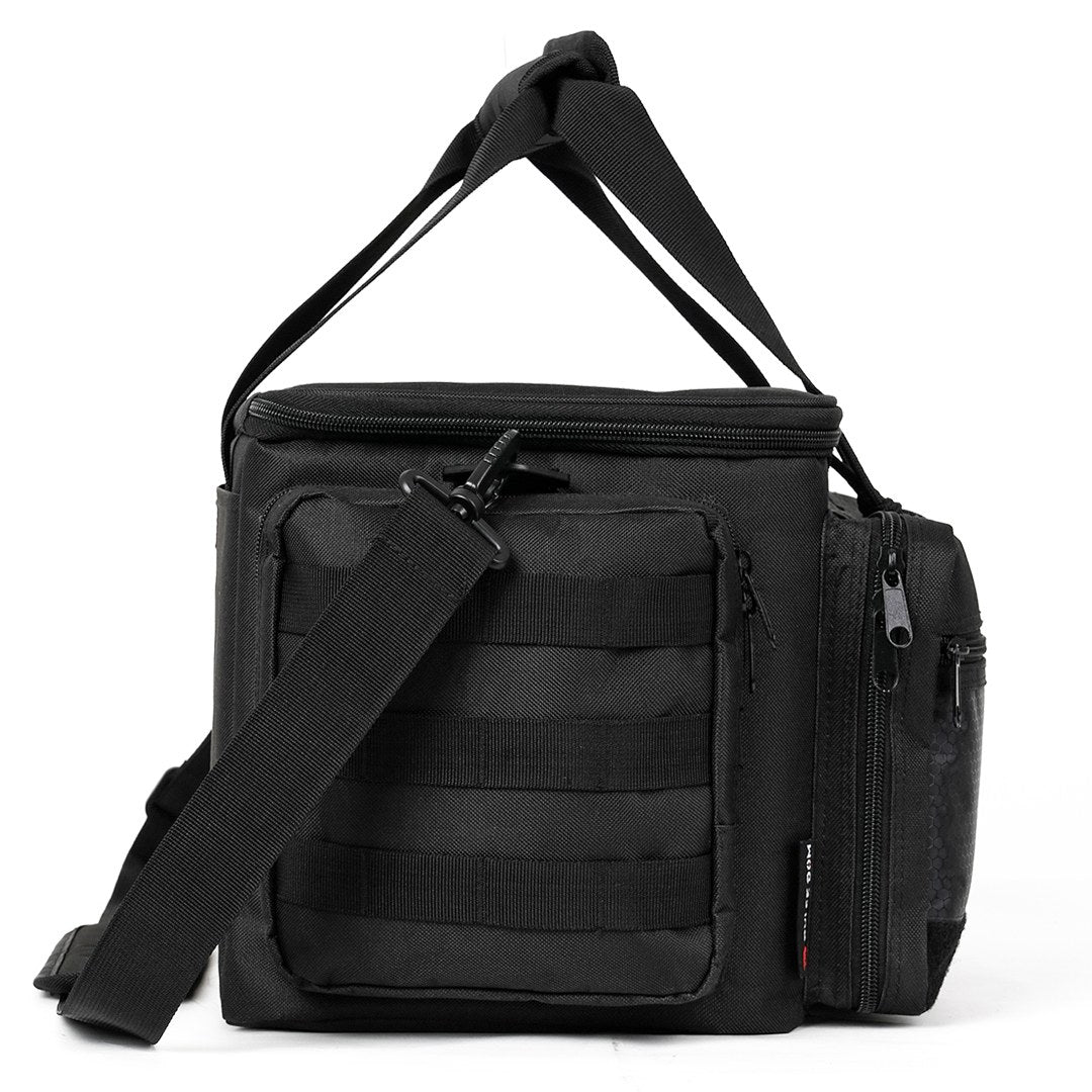 Black tactical gun range bag with MOLLE system, adjustable shoulder strap and multiple compartments.