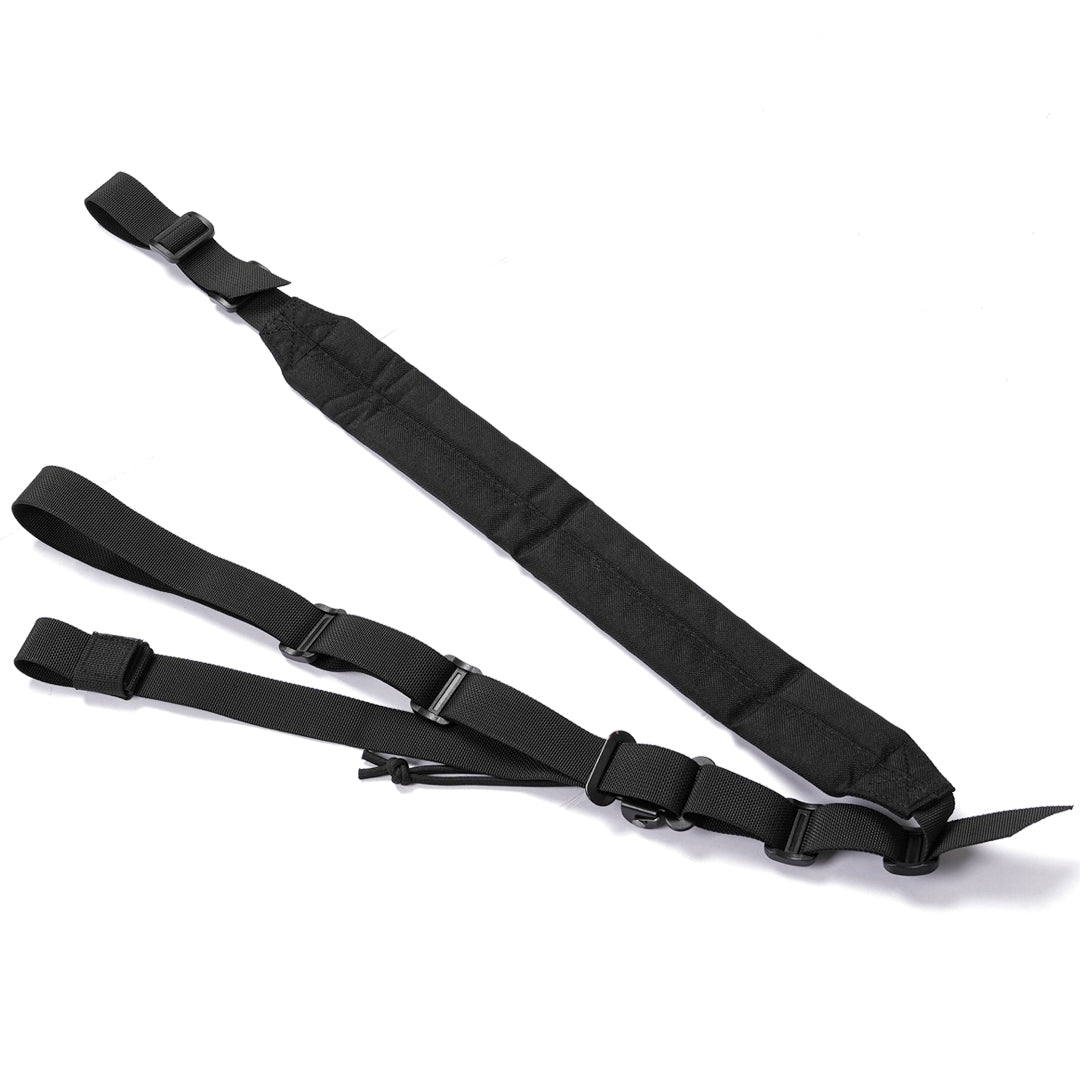 Black 2-point tactical rifle sling made of 1000D nylon, adjustable for shooting sports and hunting.