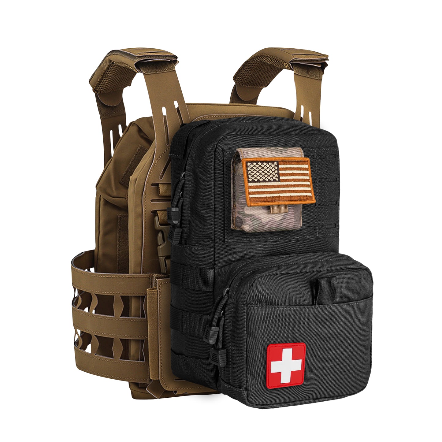 DULCE DOM Black Tactical Hydration Backpack with US flag patch, MOLLE webbing, 900D nylon, red cross patch.
