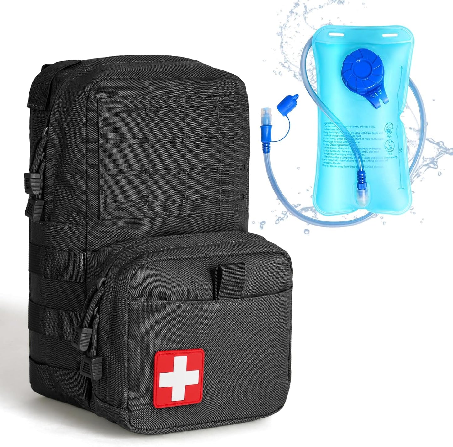 DULCE DOM Black Tactical Molle Hydration Backpack with 1.5L TPU Water Bladder, red cross patch, durable 900D nylon.