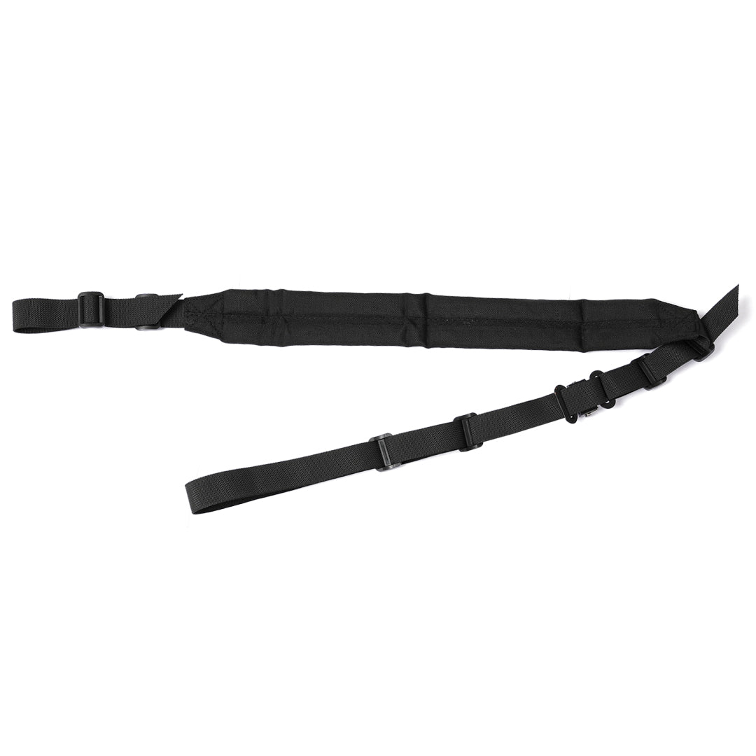 Black 2-point tactical rifle sling with adjustable length and padding, made of 1000D nylon for hunting.