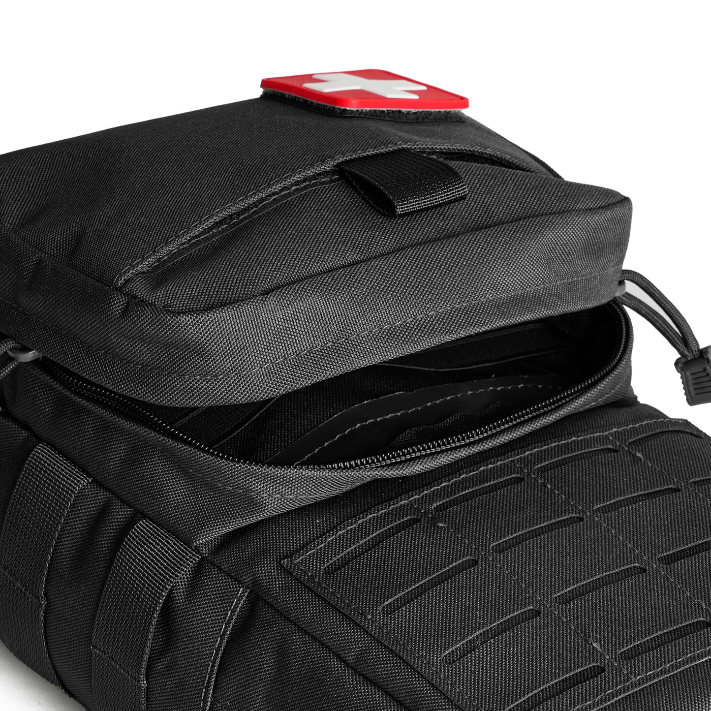 Black DULCE DOM Tactical Molle Hydration Backpack with open pocket and red cross patch, durable 900D nylon.