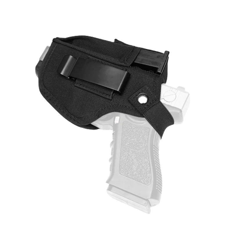 Ultra-Light Concealed Carry Holster in black with metal clip, magazine pouch, and strap for secure IWB carry.