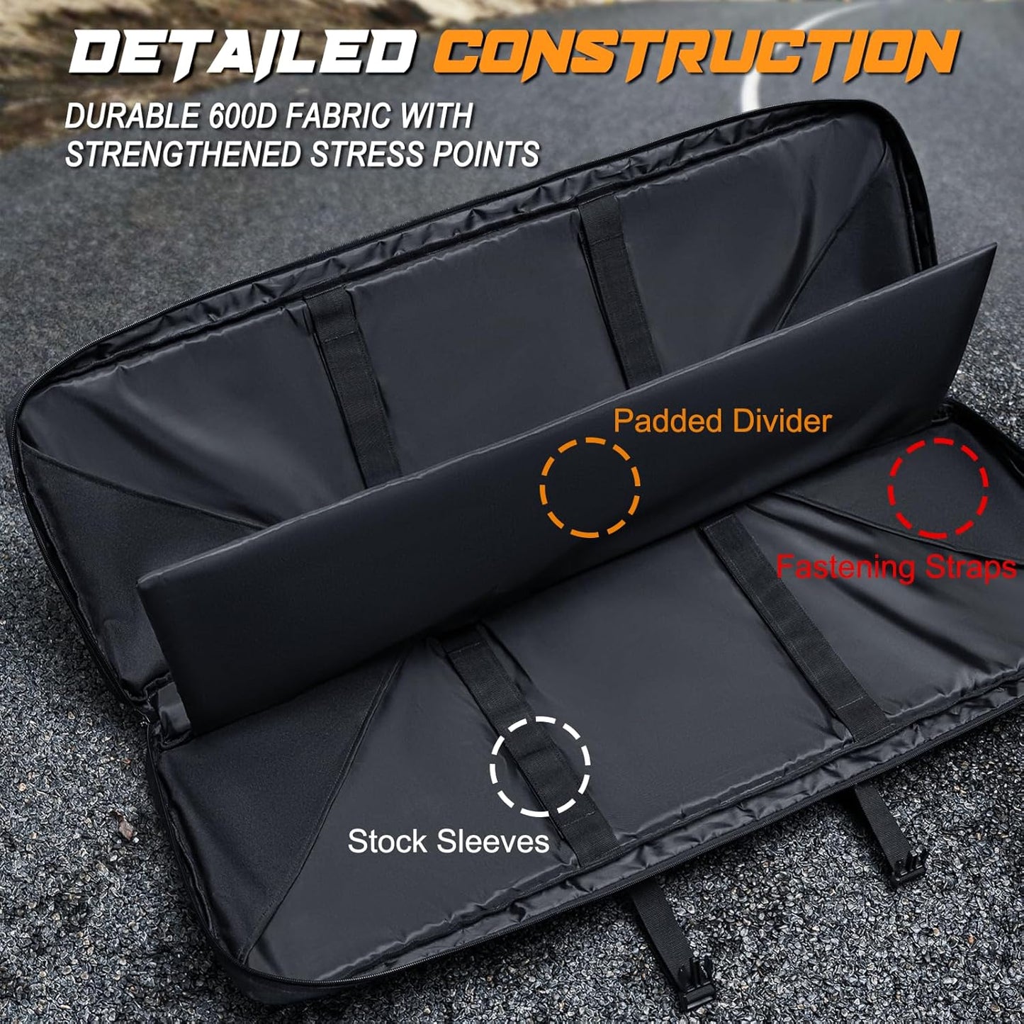 DULCE DOM long gun bag interior showcasing durable 600D fabric, padded divider, and fastening straps for firearms protection.