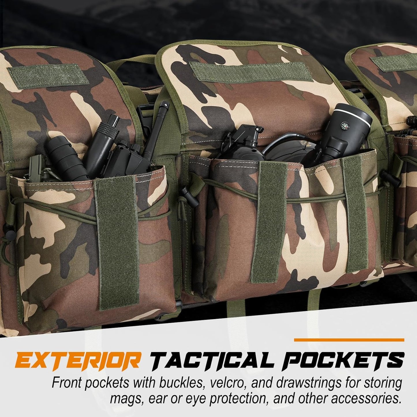 Camo tactical rifle bag with exterior pockets featuring buckles, velcro, and drawstrings for tactical gear storage.