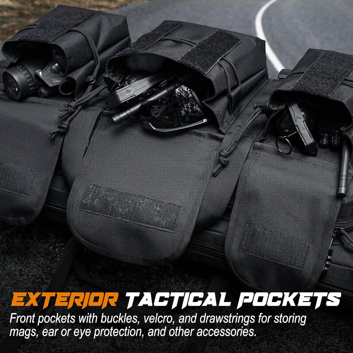 DULCE DOM tactical backpack with black exterior pockets, buckles, velcro, and drawstrings for accessories.