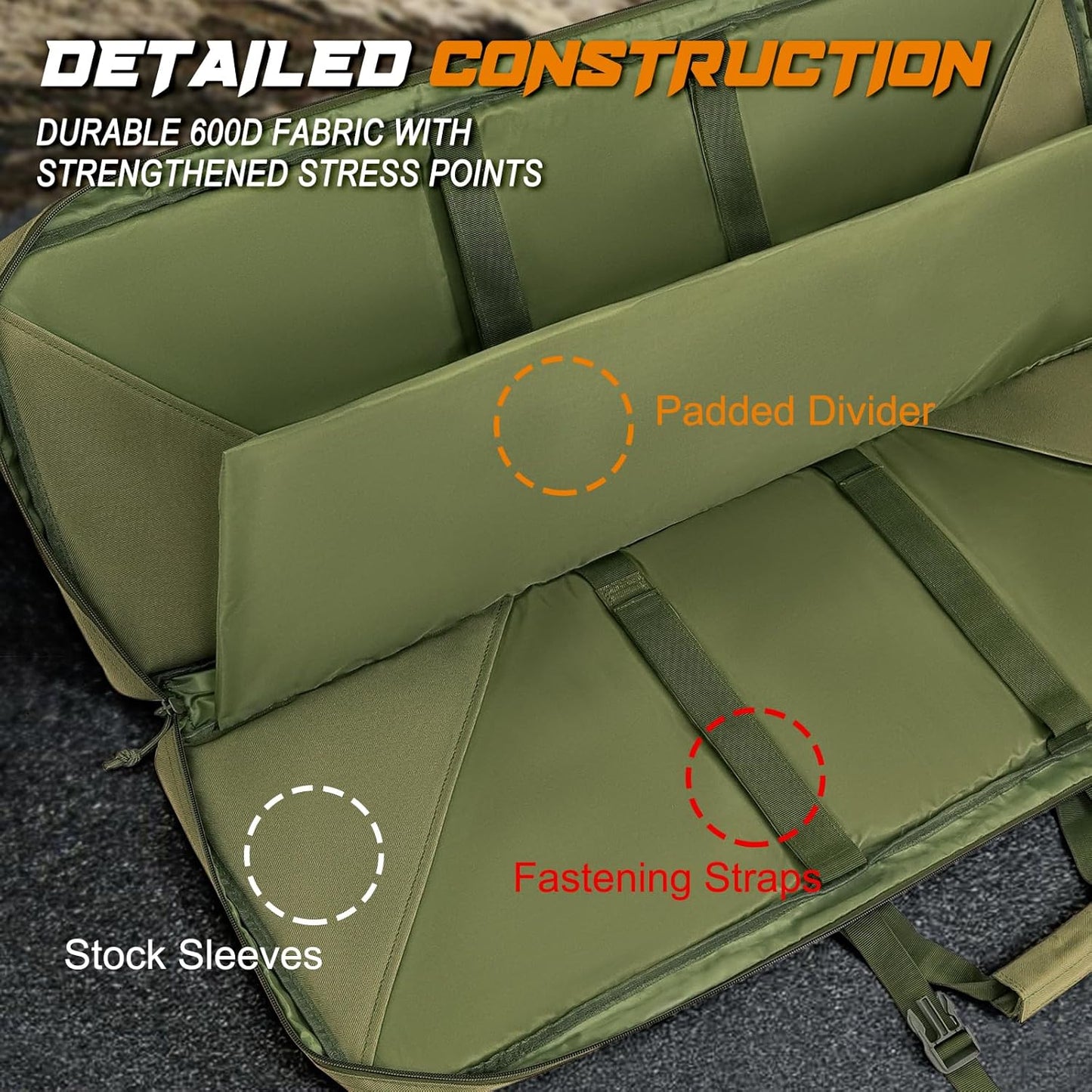 DULCE DOM Long Gun Bag interior details: Durable 600D fabric, padded divider, and fastening straps for firearm protection