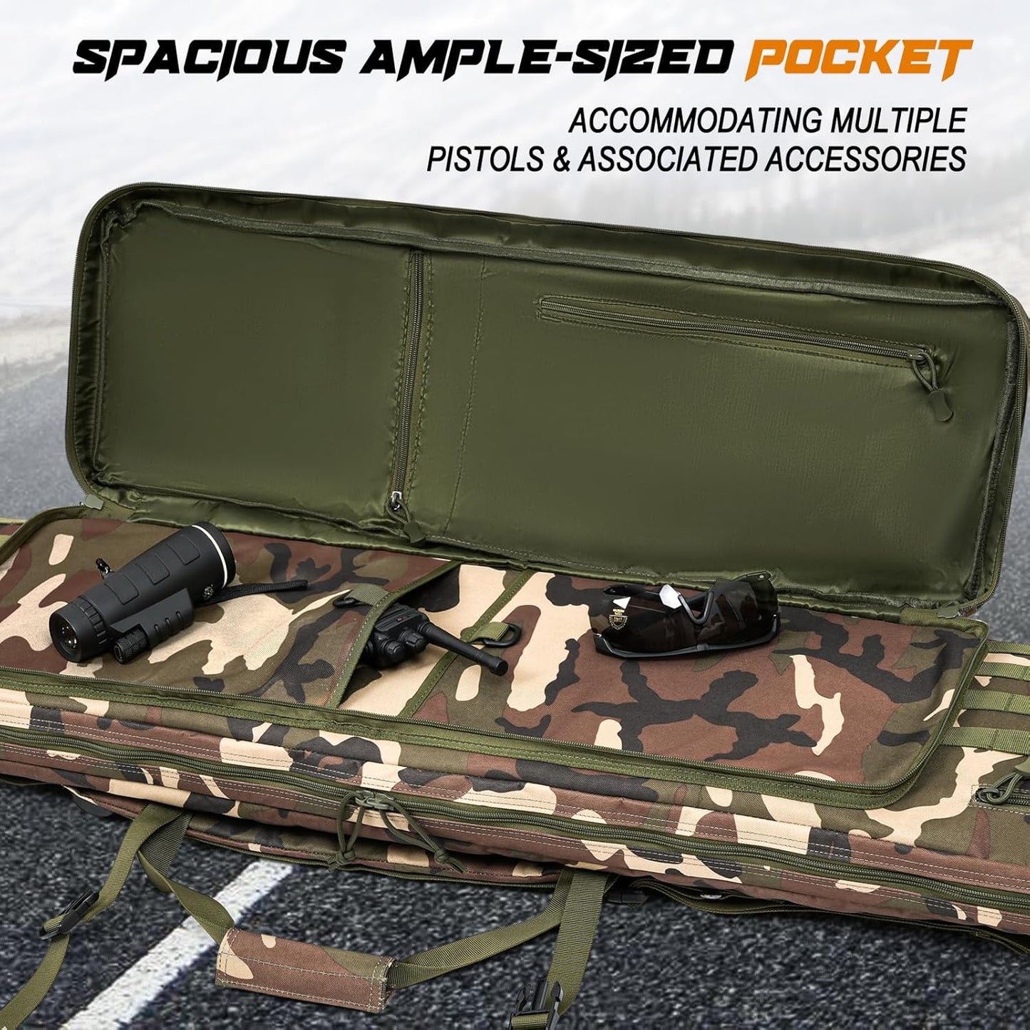DULCE DOM Tactical Long Gun Bag with a spacious pocket for multiple pistols and accessories. Camo pattern.