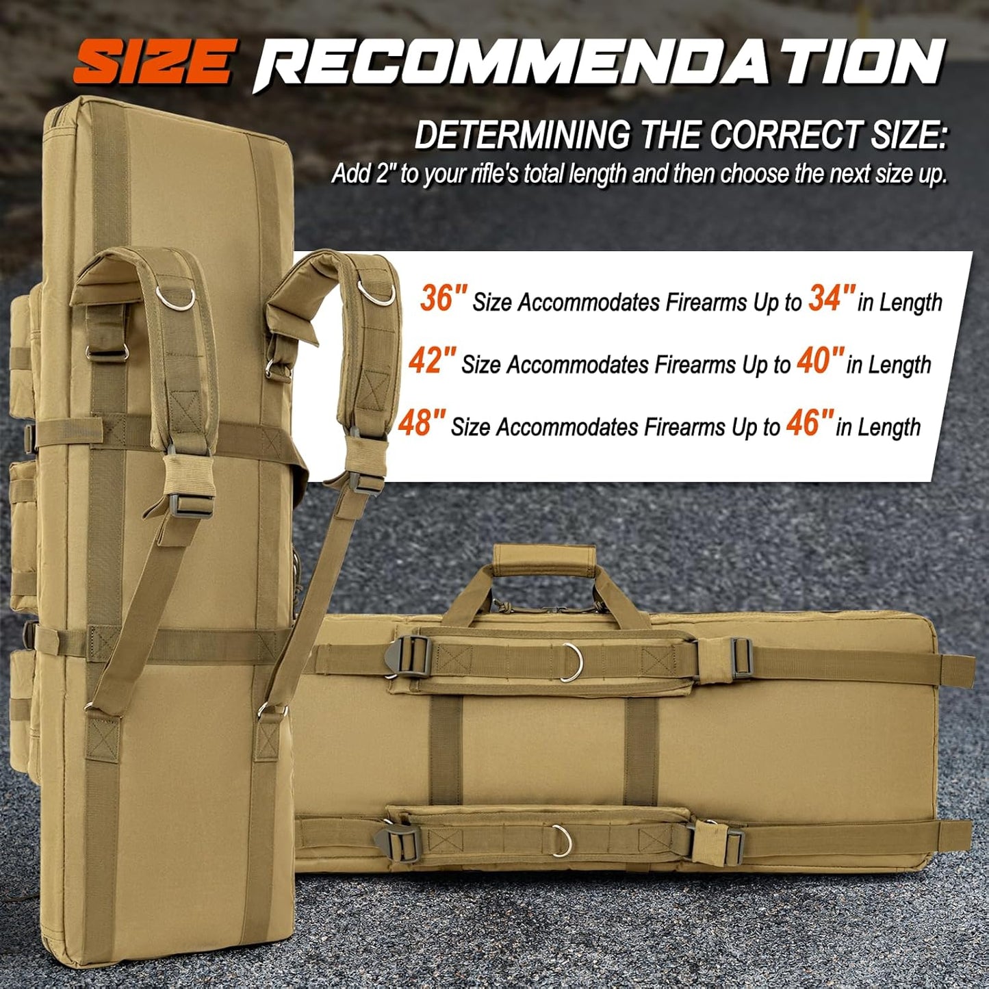DULCE DOM Long Gun Bag size guide: 36", 42", 48" tactical rifle bag options to fit firearms. Tan bag with adjustable straps.