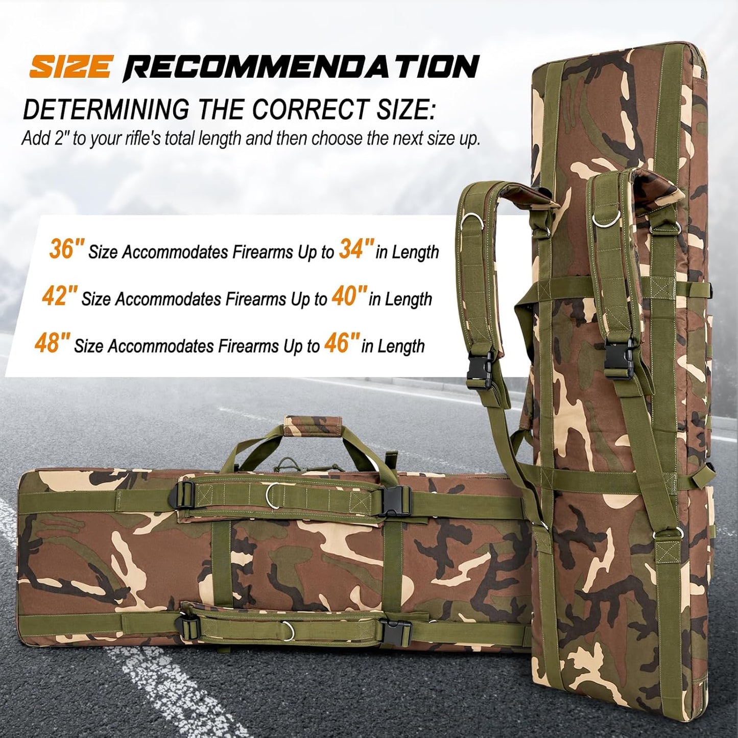 DULCE DOM Camo Long Gun Bag size guide: 36", 42", 48" options to fit firearms. Tactical backpack with adjustable straps.