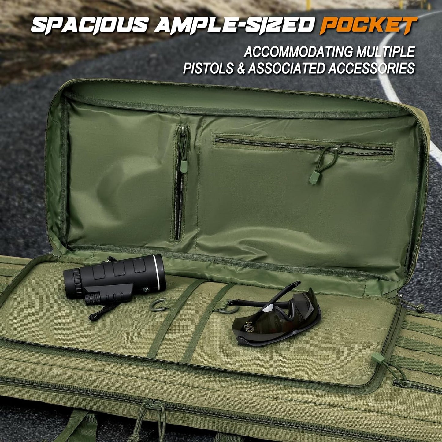 DULCE DOM long gun bag with spacious, ample-sized pocket for multiple pistols and accessories. Green tactical bag.
