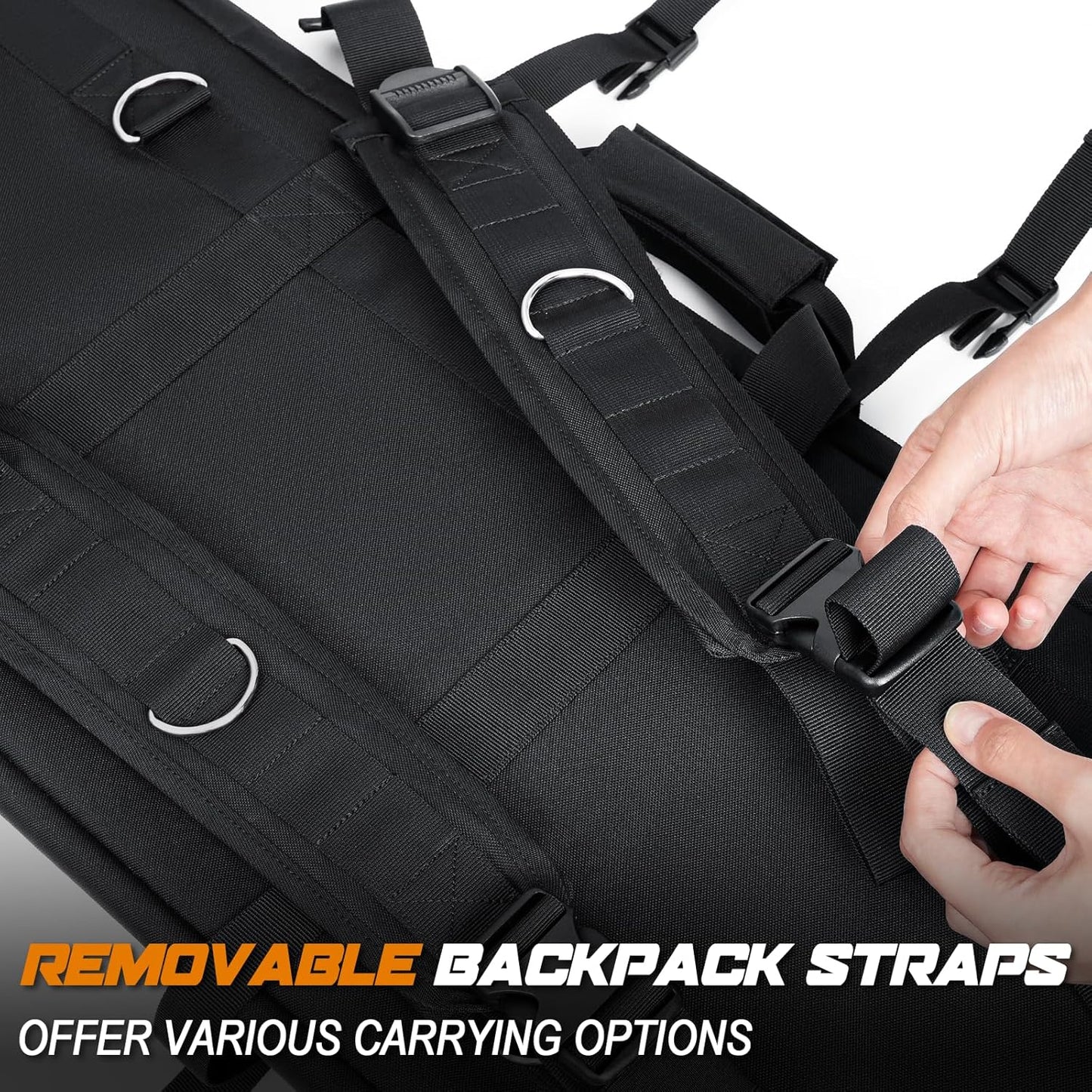 DULCE DOM tactical rifle bag: Removable backpack straps for versatile carrying. Black bag with adjustable buckles.