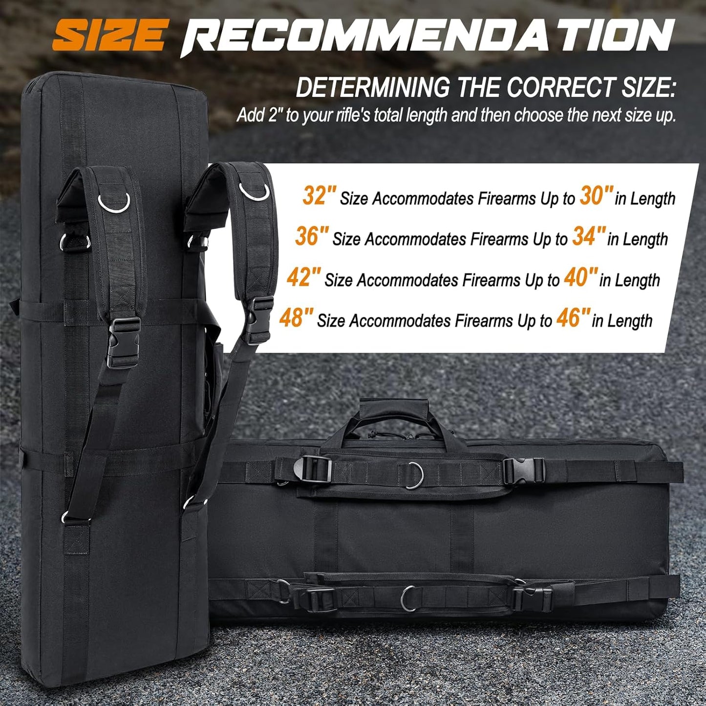 DULCE DOM Long Gun Bag size guide: Black tactical rifle bag options to fit firearms, size recommendation, adjustable straps.