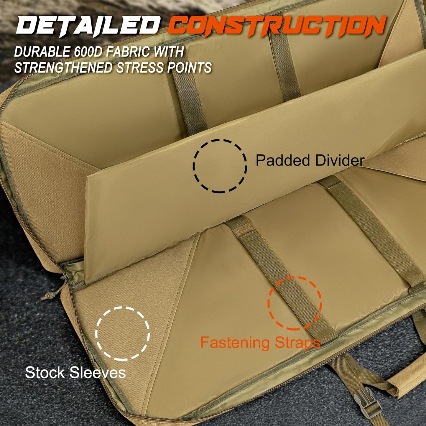 DULCE DOM long gun bag interior showcasing durable 600D fabric, padded divider, fastening straps, and stock sleeves.