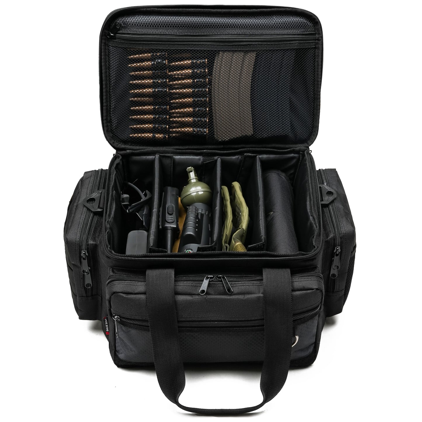 Black Dulce Dom Mini Range Bag open showing firearms, ammo, and gear, ideal for range day.