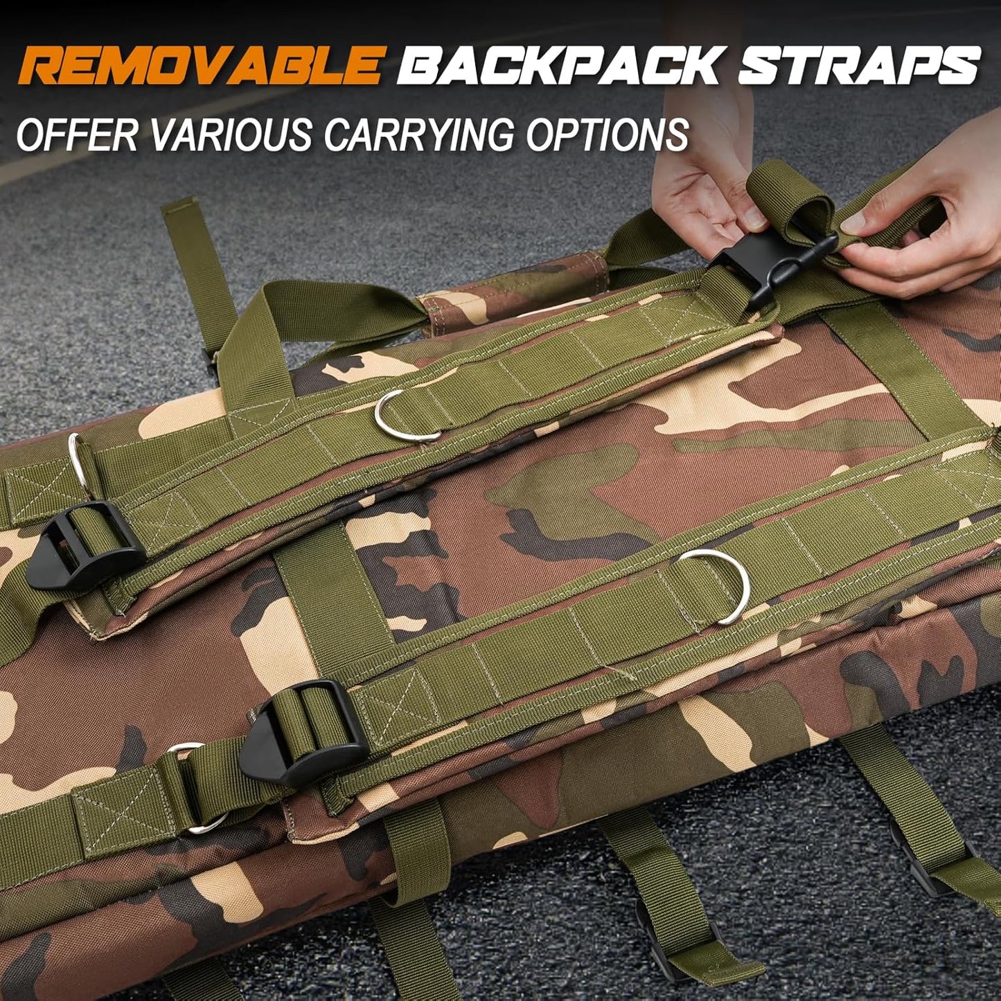 DULCE DOM Camo Long Gun Bag with Removable Backpack Straps, offering versatile carrying options.