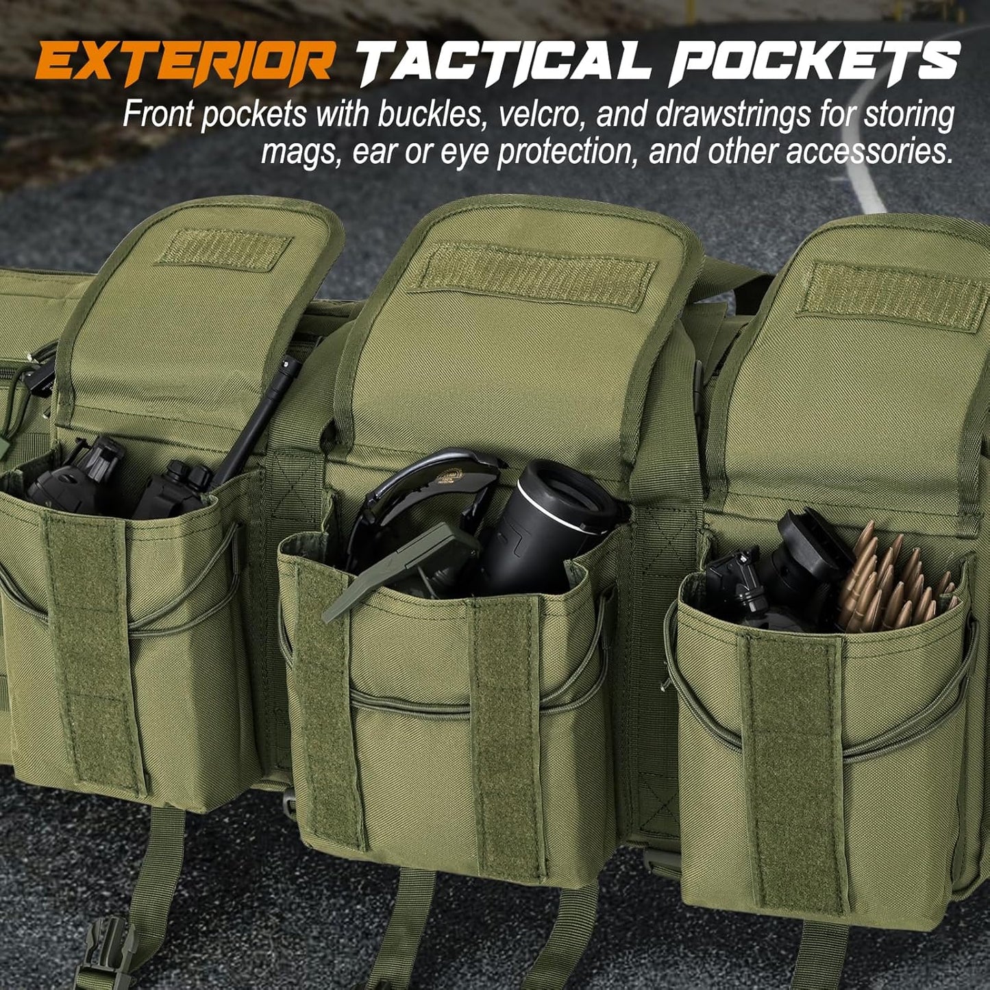 DULCE DOM tactical bag with exterior pockets, buckles, velcro, and drawstrings for accessories. Olive green color.