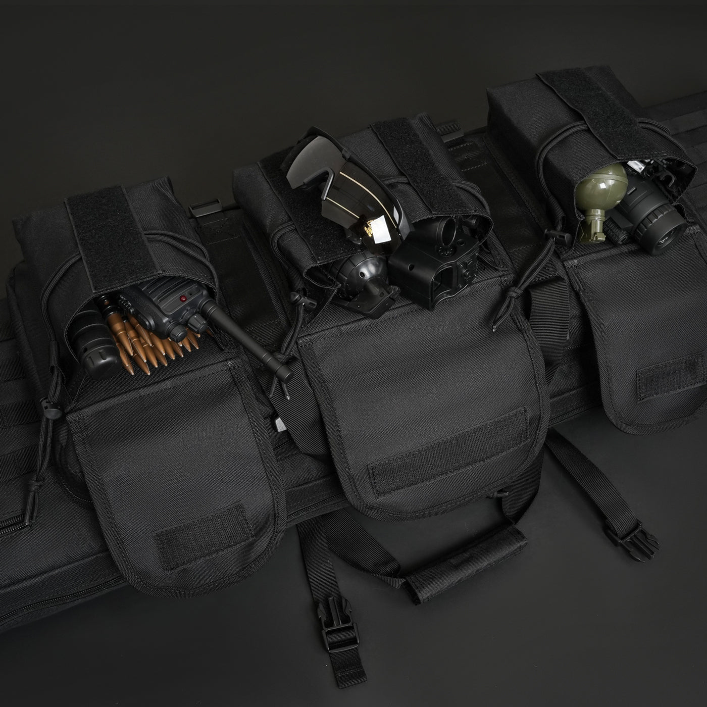 DULCE DOM tactical rifle case with MOLLE system, featuring multiple pouches and compartments with various accessories.