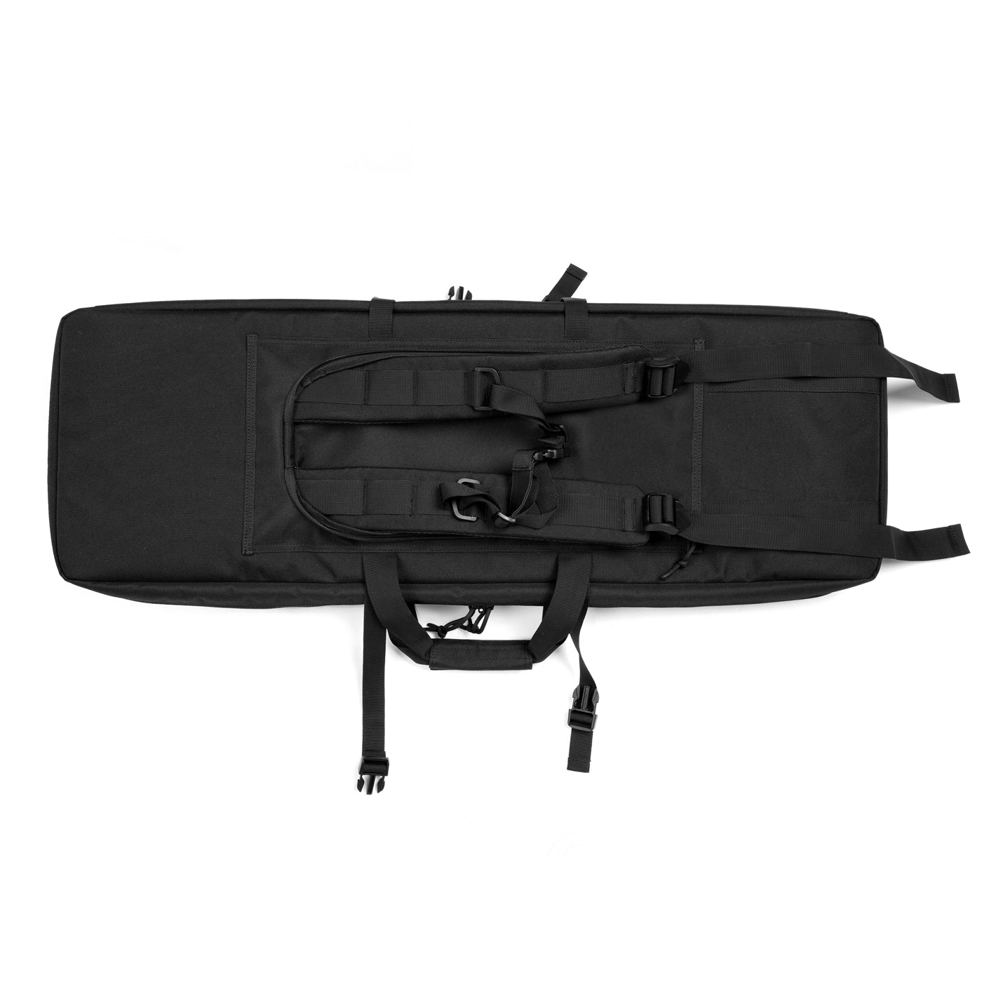 Black DULCE DOM Concealable Rifle Case Pro 2.0 with backpack straps and MOLLE system