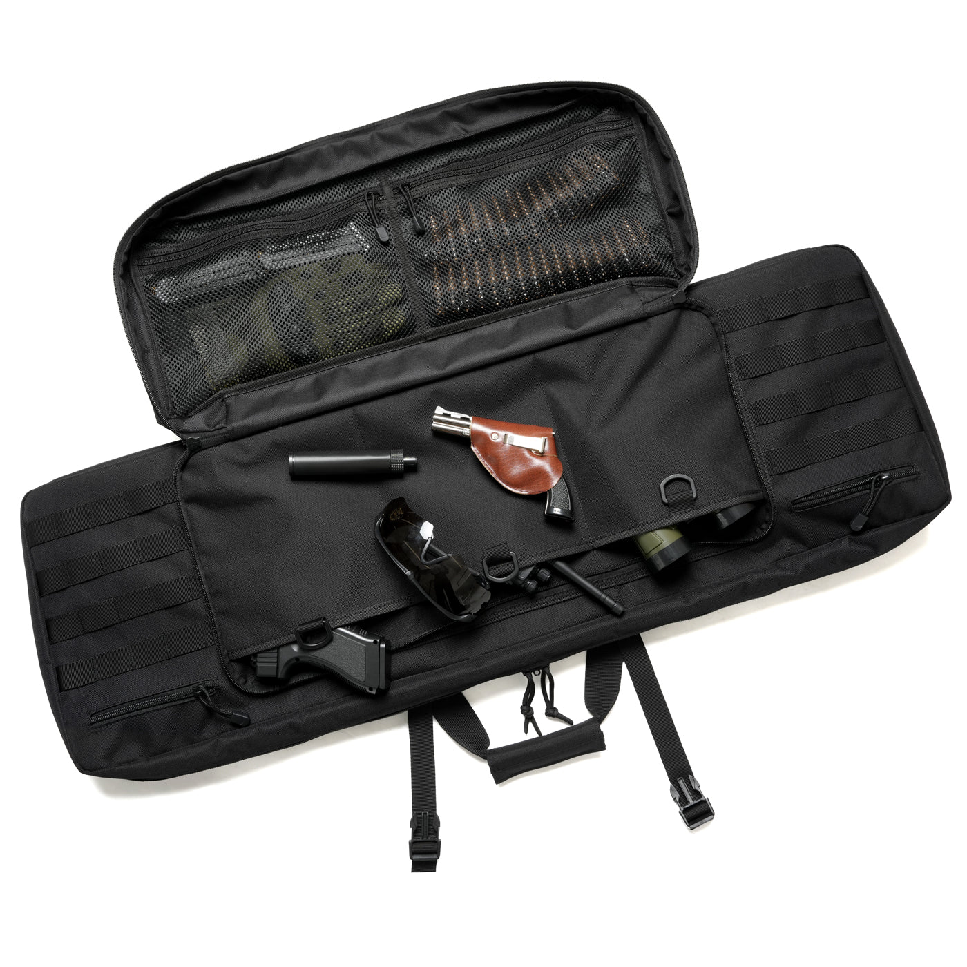 Open DULCE DOM Black Soft Rifle Case Pro 2.0 with firearms and accessories. Dual rifle carry bag with MOLLE.