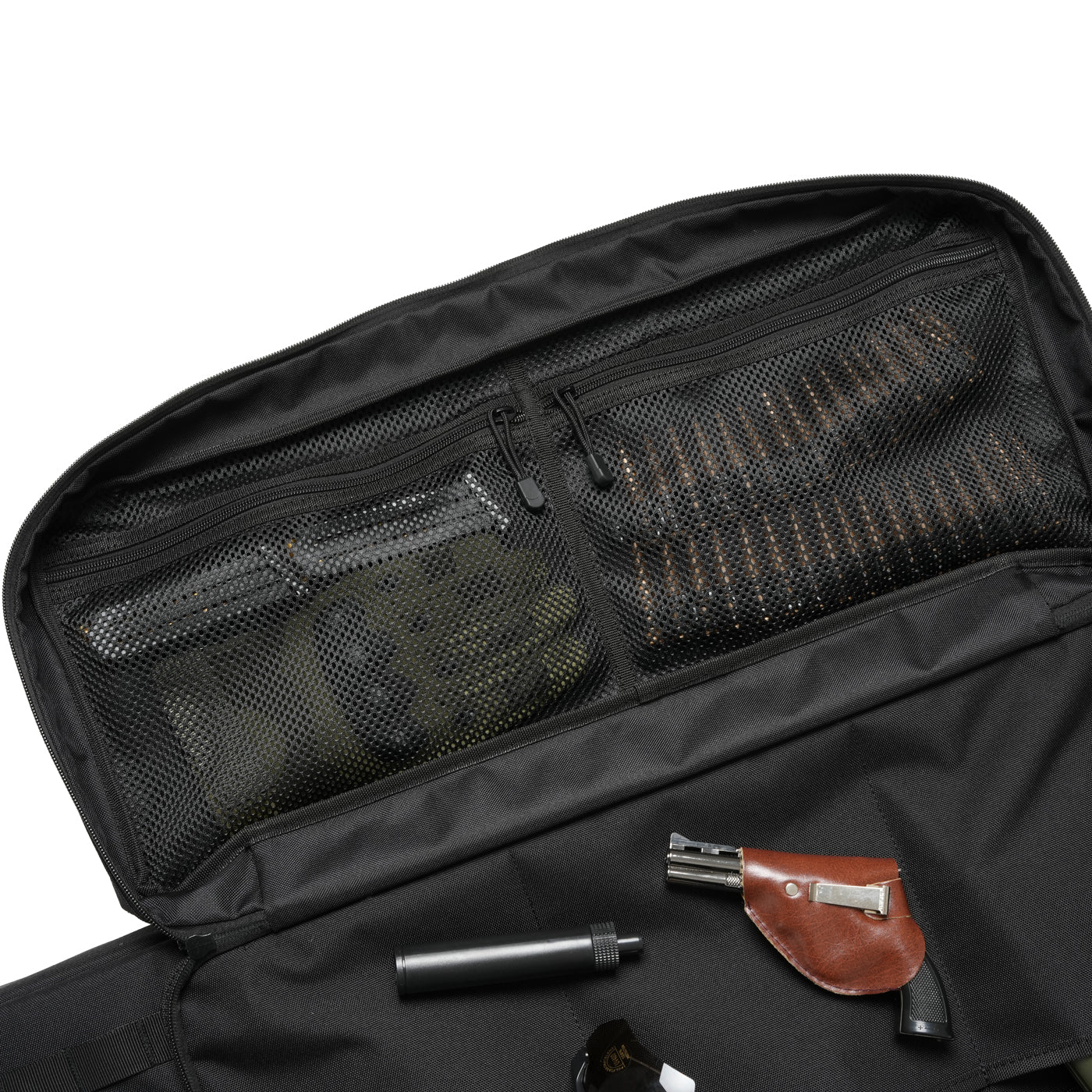 Interior compartment with mesh pockets for accessories and dedicated space for handgun in leather holster.