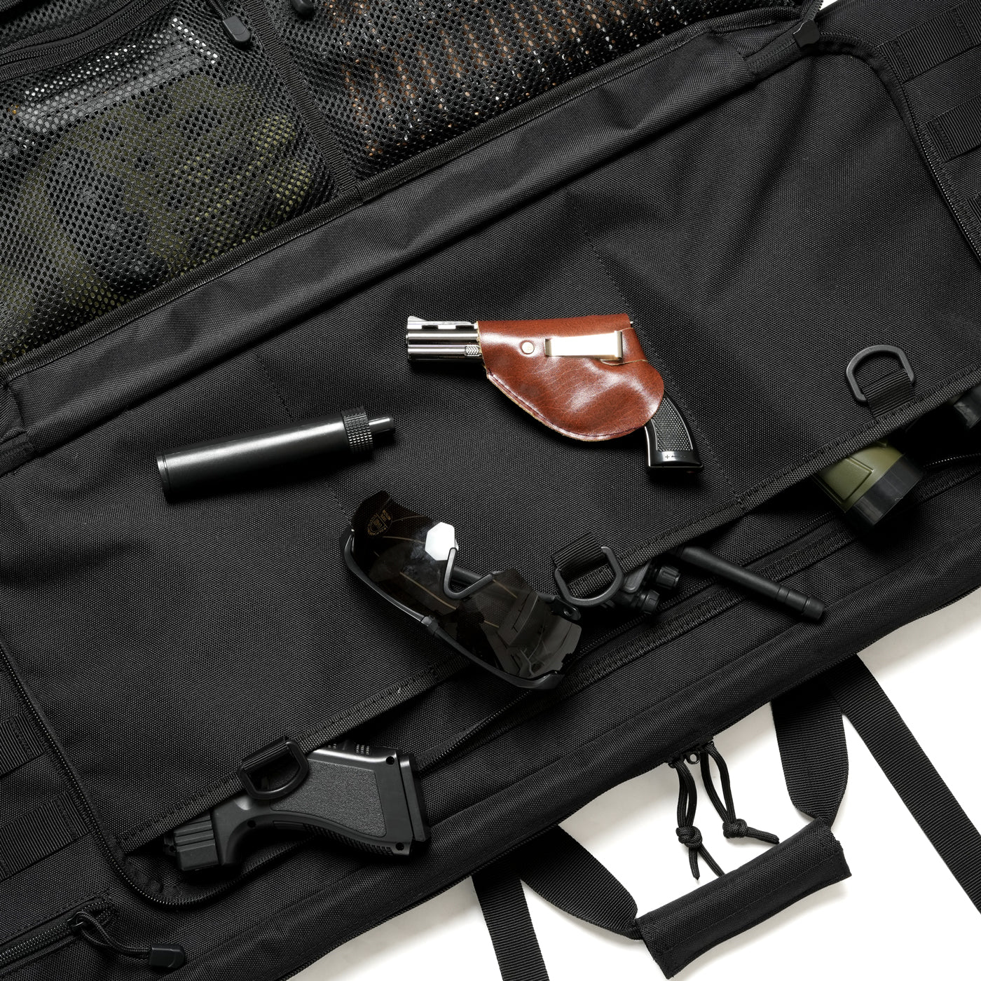 Reinforced tactical rifle case with multiple storage compartments and MOLLE webbing.
